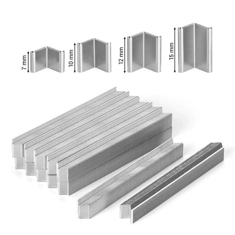 Size guide for meite USA 30 gauge picture frame V-nails in 7 mm, 10 mm, 12 mm and 15 mm lengths on a white background