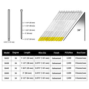 Meite USA 15 gauge 34 degree angled finish nails chart showing 1-1/4 to 2-1/2 inch sizes and 2,400 nails per box