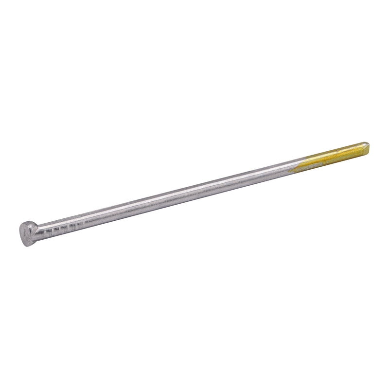 Close-up of a Meite USA 15 gauge galvanized angled finish nail showing its D-shaped head, smooth shank and chisel point
