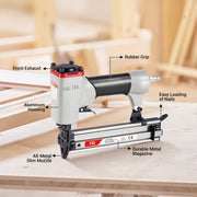 Features of the meite USA F32 18 gauge pneumatic brad nailer including an aluminum housing, front exhaust, rubber grip, slim metal nose and easy-loading magazine