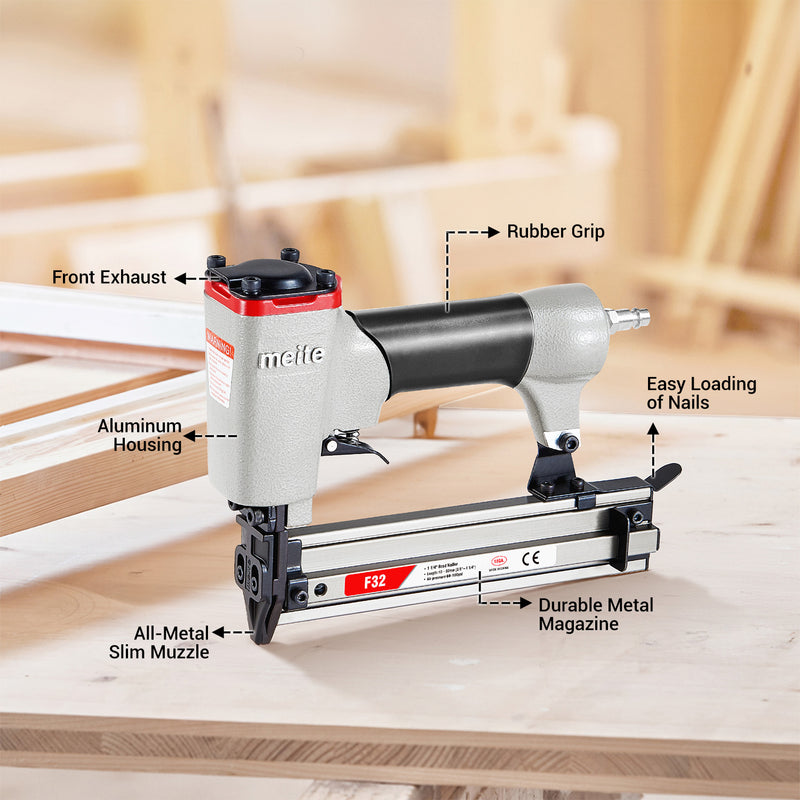 Features of the meite USA F32 18 gauge pneumatic brad nailer including an aluminum housing, front exhaust, rubber grip, slim metal nose and easy-loading magazine