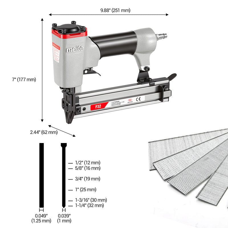 Size and fastener guide for the meite USA F32 pneumatic brad nailer with compatible 18 gauge brad nails up to 1-1/4 inches long