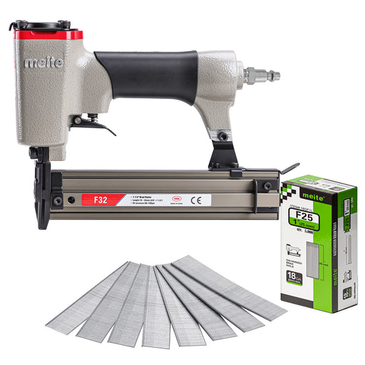 Overview of meite USA F32 18 gauge pneumatic brad nailer, coming with one box of 1'' 18 gauge brad nails for free, and showing several strips of nail on the white background