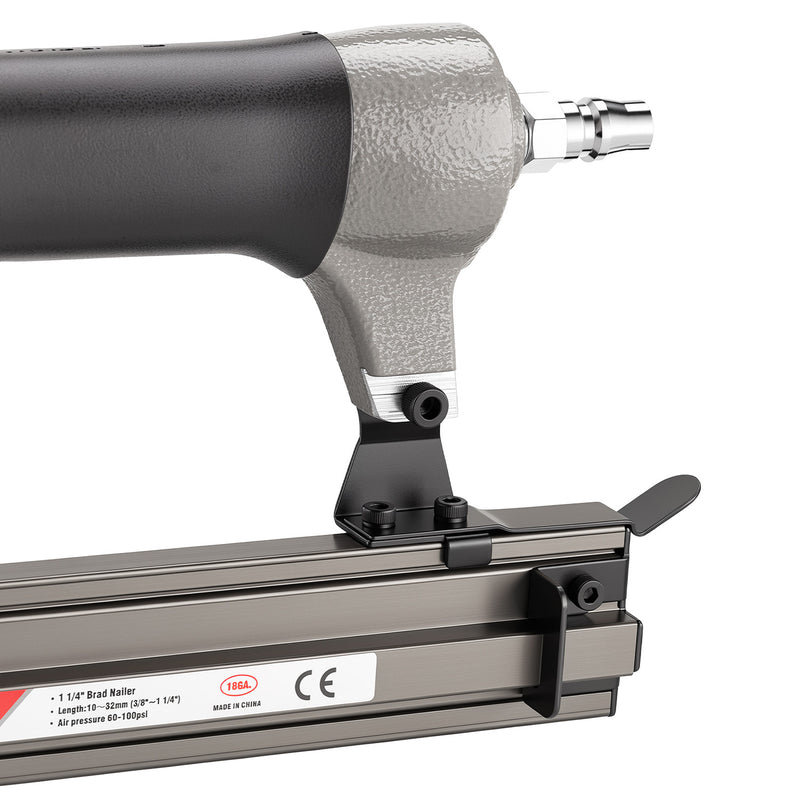 Close-up of the durable metal magazine and rear loading mechanism on the meite USA F32 pneumatic brad nailer