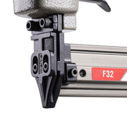 Close-up of the metal nose and visual magazine assembly on the meite USA F32 18 gauge pneumatic brad nailer