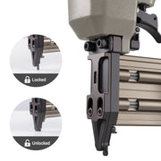 meite USA F50G brad nailer shown in locked and unlocked positions for safety