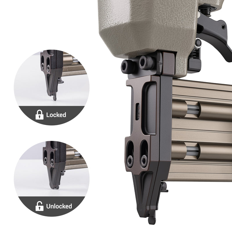 meite USA F50G brad nailer shown in locked and unlocked positions for safety