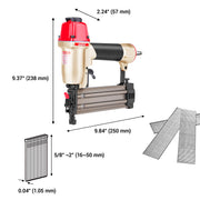 Size and fastener guide for the meite USA F50C pneumatic brad nailer compatible with 18 gauge brad nails from 5/8 to 2 inches