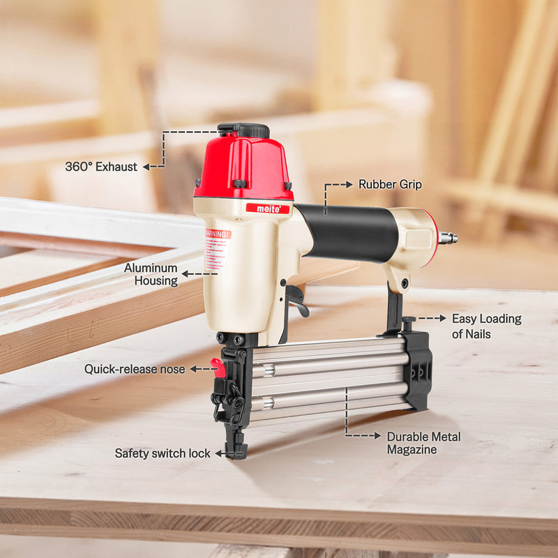 Features of the meite USA F50C 18 gauge pneumatic brad nailer including an aluminum housing, 360-degree exhaust, rubber grip, quick-release nose and safety lock