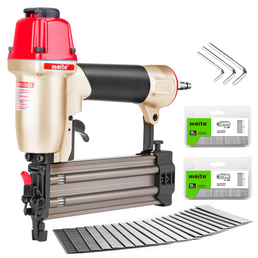 meite USA F50C 18 gauge pneumatic brad nailer with 2,000 galvanized brad nails and three hex wrenches on a white background