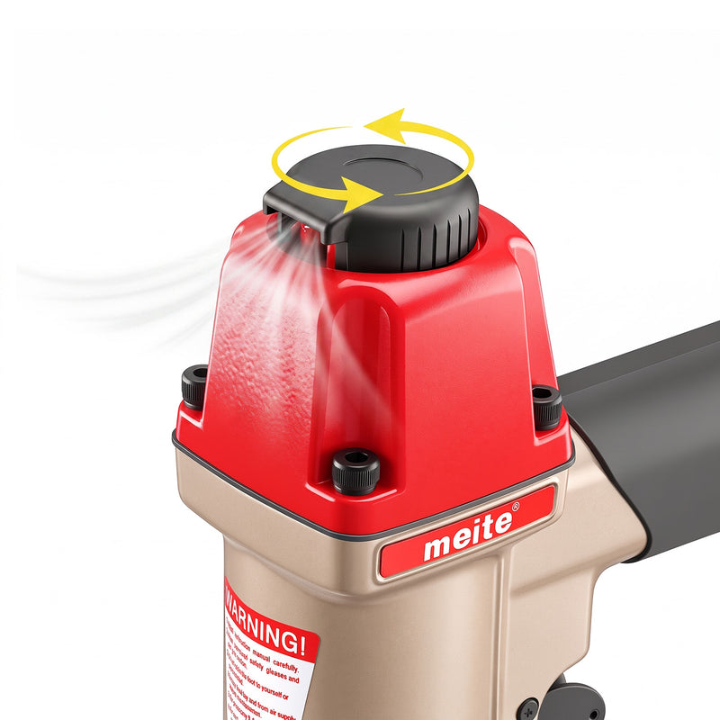 Close-up of the 360-degree rotatable exhaust on the meite USA F50C 18 gauge pneumatic brad nailer