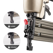 meite USA F50C brad nailer shown in locked and unlocked positions for safety