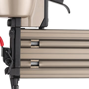 Close-up of the durable metal magazine and nail viewing windows on the meite USA F50C pneumatic brad nailer