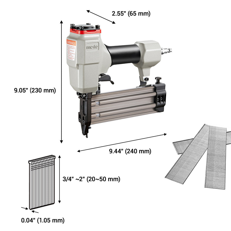 Size and fastener guide for the meite USA F50G pneumatic brad nailer compatible with 18 gauge brad nails from 3/4 to 2 inches