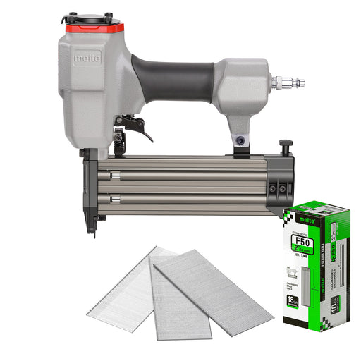 meite USA F50G 18 gauge pneumatic brad nailer with 5,000 galvanized 2-inch brad nails on a white background