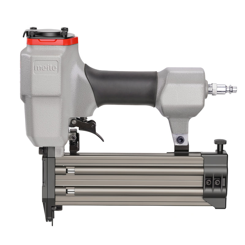 Side view of the meite USA F50G 18 gauge pneumatic brad nailer for driving 3/4-inch to 2-inch brad nails on a white background