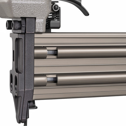 Close-up of the durable metal magazine and nail viewing windows on the meite USA F50G pneumatic brad nailer