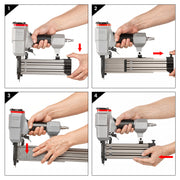 Four-step guide for loading 18 gauge brad nails into the magazine of the meite USA F50G pneumatic brad naile