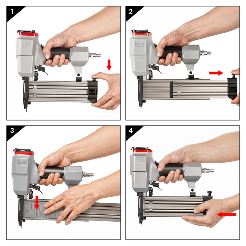 Four-step guide for loading 18 gauge brad nails into the magazine of the meite USA F50G pneumatic brad naile