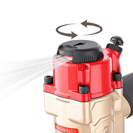 Close-up of the 360-degree rotatable exhaust on the meite USA FK5040 pneumatic brad nailer and stapler