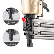 meite USA FK5040 brad nailer shown in locked and unlocked positions for safety