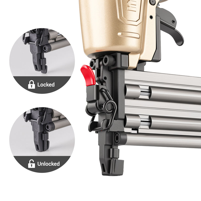 meite USA FK5040 brad nailer shown in locked and unlocked positions for safety
