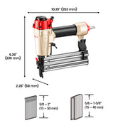 Size and fastener guide for the meite USA FK5040 with 18 gauge brad nails from 5/8 to 2 inches and 1/4-inch crown staples from 5/8 to 1-5/8 inches
