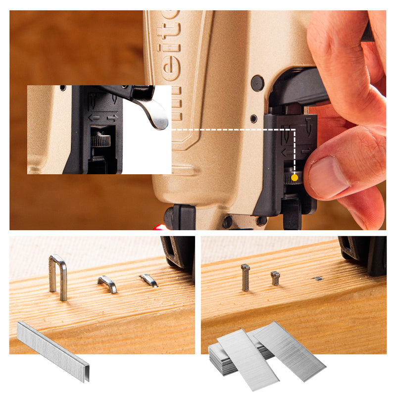 Depth control on the meite USA FK5040 for driving 18 gauge brad nails and 1/4-inch crown staples into wood