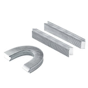 Straight and curved shaped strips of meite USA hardwood V-nails for picture frame joining on a white background