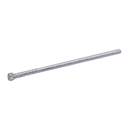 Close-up of a Meite USA 15 gauge galvanized angled finish nail with smooth shank, T-shaped head and chisel point