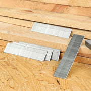 Assorted lengths of meite USA 18 gauge galvanized brad nail strips displayed on wood for carpentry projects