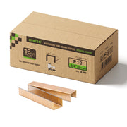 One box and staple strips of meite USA P19 16 gauge 1-inch crown, 3/4-inch electro-galvanized heavy wire staples, 10,000 count, on a white background