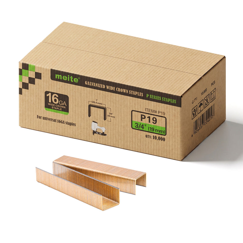 One box and staple strips of meite USA P19 16 gauge 1-inch crown, 3/4-inch electro-galvanized heavy wire staples, 10,000 count, on a white background
