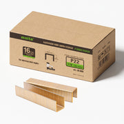 One box and staple strips of meite USA P22 16 gauge 1-inch crown, 7/8-inch electro-galvanized heavy wire staples, 10,000 count, on a white background