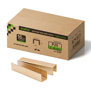 One box and staple strips of meite USA P25 16 gauge 1-inch crown, 1-inch electro-galvanized heavy wire staples, 10,000 count, on a white background
