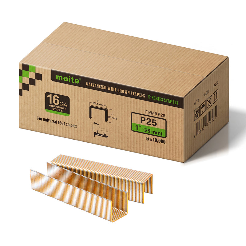 One box and staple strips of meite USA P25 16 gauge 1-inch crown, 1-inch electro-galvanized heavy wire staples, 10,000 count, on a white background