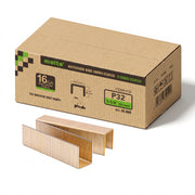One box and staple strips of meite USA P32 16 gauge 1-inch crown, 1-1/4-inch electro-galvanized heavy wire staples, 10,000 count, on a white background