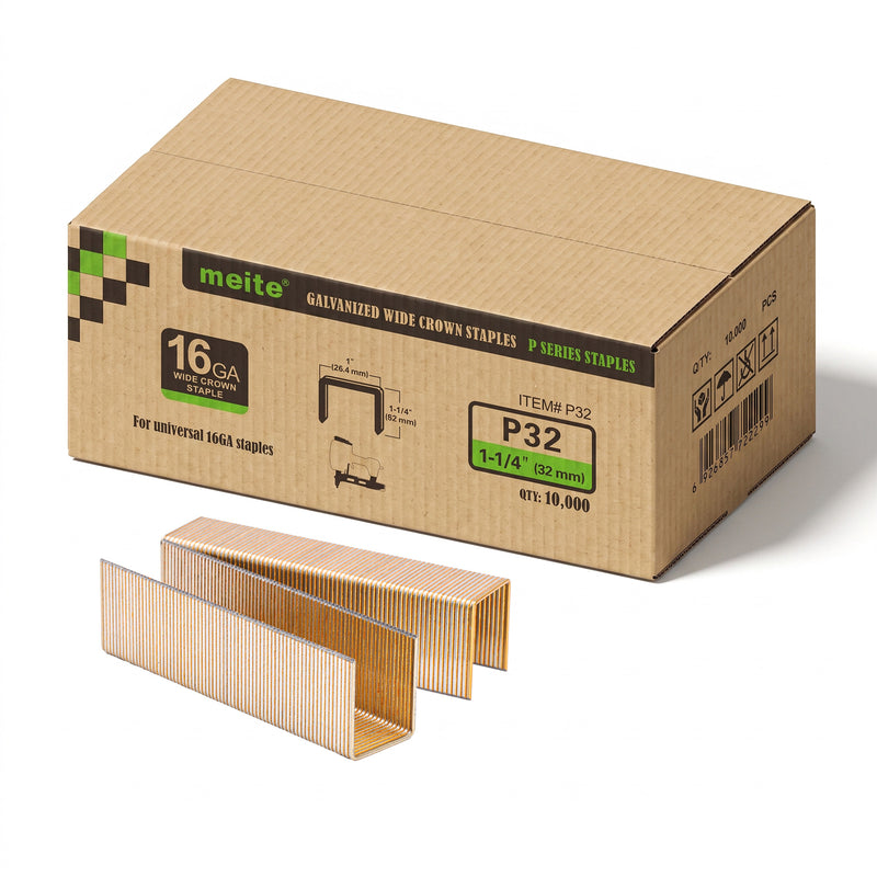 One box and staple strips of meite USA P32 16 gauge 1-inch crown, 1-1/4-inch electro-galvanized heavy wire staples, 10,000 count, on a white background