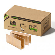 One box and staple strips of meite USA P38 16 gauge 1-inch crown, 1-1/2-inch electro-galvanized heavy wire staples, 10,000 count, on a white background