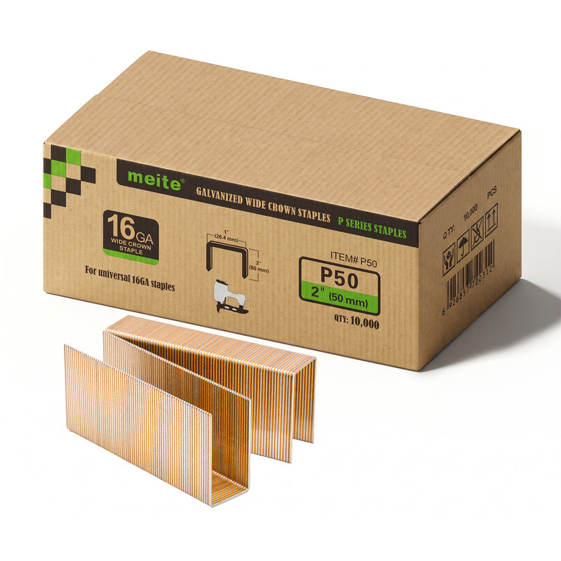 One box and staple strips of meite USA P38 16 gauge 1-inch crown, 1-1/2-inch electro-galvanized heavy wire staples, 10,000 count, on a white background