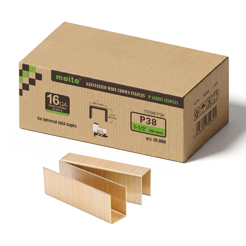 One box and staple strips of meite USA P50 16 gauge 1-inch crown, 2-inch electro-galvanized heavy wire staples, 10,000 count, on a white background
