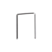 Close-up of meite USA T50 304 stainless steel staples showing the 3/8-inch crown and sharp chisel-point legs on a white background