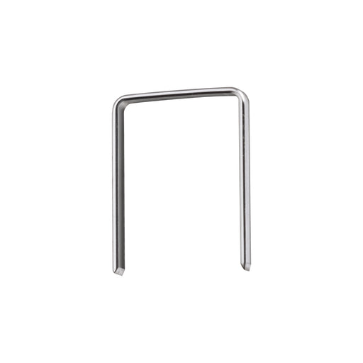 Close-up of meite USA T50 304 stainless steel staples showing the 3/8-inch crown and sharp chisel-point legs on a white background