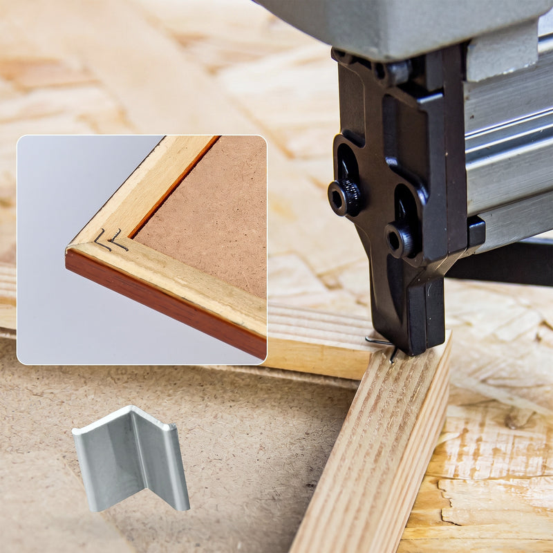 meite USA hardwood V-nails driven with a pneumatic V-nailer to secure the back corner joint of a wooden picture frame