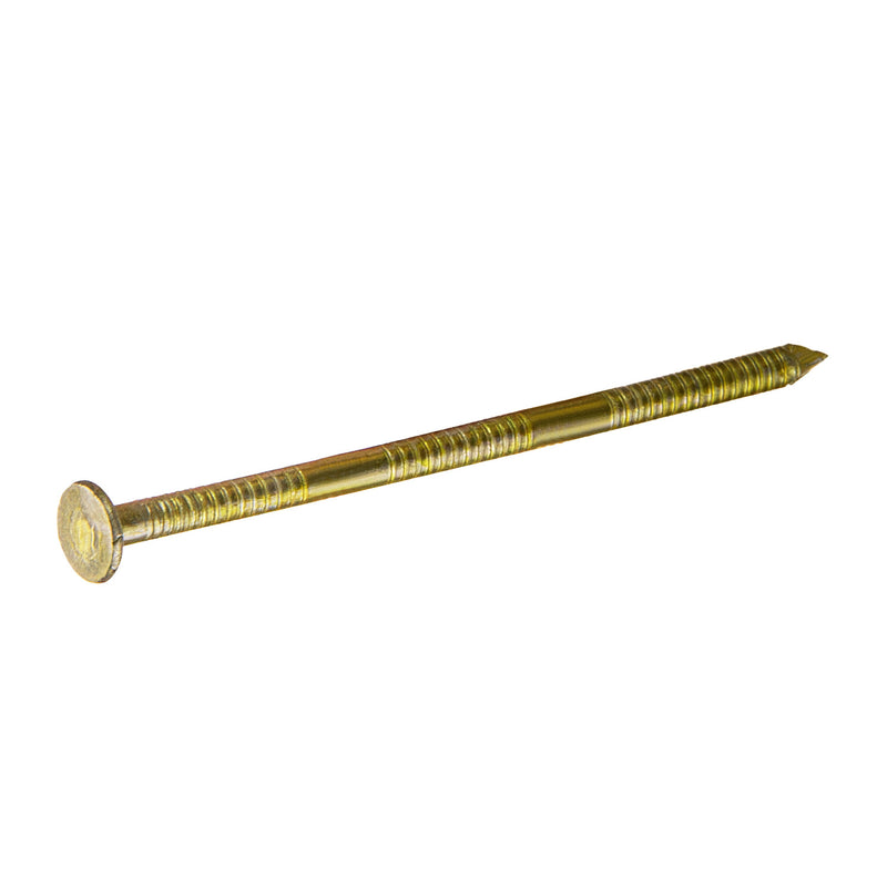 Close-up of a meite USA yellow-coated coil siding nail showing its round head, ring shank and sharp point on a white background