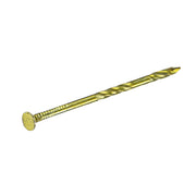 Close-up of a meite USA yellow-coated coil siding nail showing its round head, screw shank and sharp point on a white background