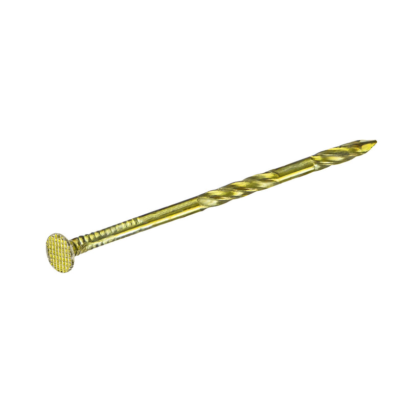 Close-up of a meite USA yellow-coated coil siding nail showing its round head, screw shank and sharp point on a white background