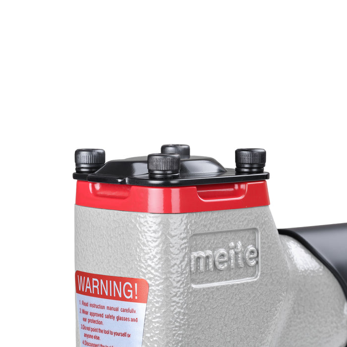 Close-up view of exhaust outlet of meite USA 1013J 20 gauge pneumatic upholstery stapler 
