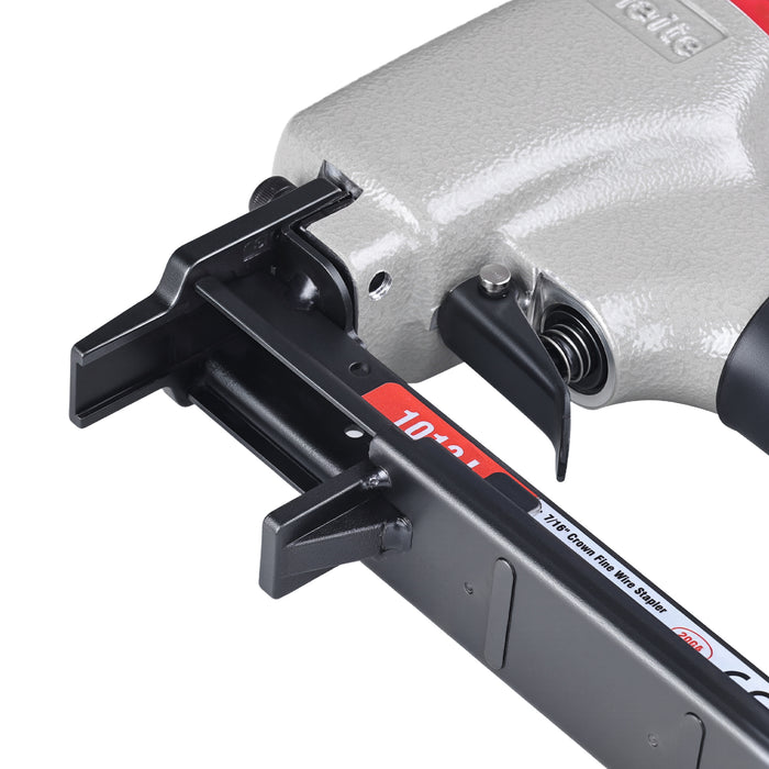 Close-up view of meite USA 1013J 20 gauge pneumatic upholstery stapler showing opening magazine
