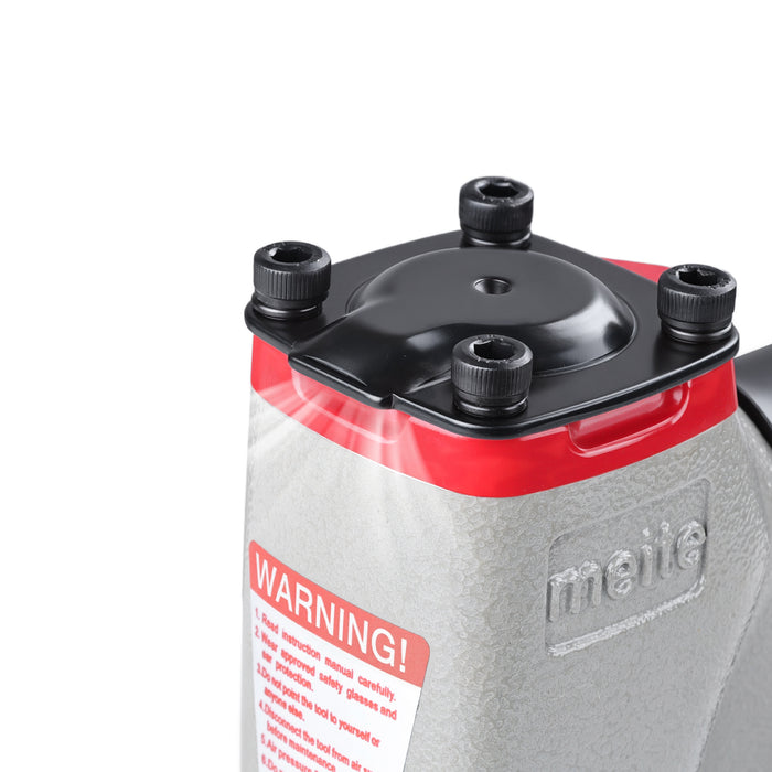 Close-up of the top housing of the meite USA 1416B 22 gauge pneumatic upholstery stapler, showing the exhaust outle.